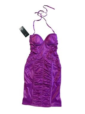 bebe Purple Ruched Satin Halter Bodycon Dress